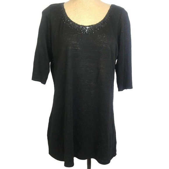 Eileen Fisher 100% Linen Black Scoop Neck with Sequin Detailing Top SZ S - Picture 1 of 7